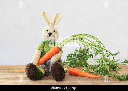 Knitted cute bunny sitting on wooden table holding a fresh carrot with copy space Stock Photo
