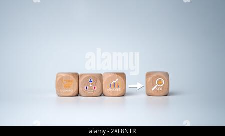 Wooden block with the SEO icon, Searching for information to seo concept, Using web Console for data, symbolizes of search engine optimization and bud Stock Photo