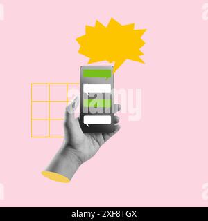 A human hand holding a mobile phone with an empty speech bubble and conversation chat through the mobile phone screen on a colored background. Collage Stock Photo