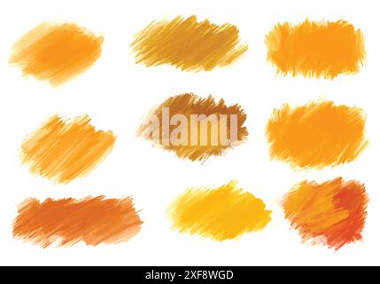 Ink paint orange brush stroke splatter set design Stock Vector