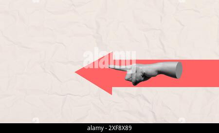 Black and white antique statue hand pointing with index finger following a red arrow sign on a crumpled paper background Stock Photo