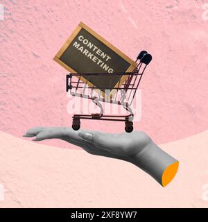 A human hand holding a shopping cart carrying a board with content marketing text on a colored background. Collage art Stock Photo