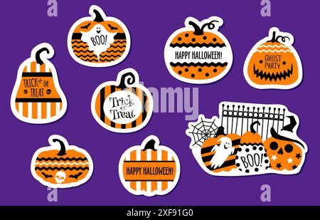 Duotone Halloween holiday stickers. Autumn fall season holiday, Happy Halloween celebration cartoon stickers or orange labels with creepy pumpkin Jack o lanterns, ghost character and spiderweb Stock Vector