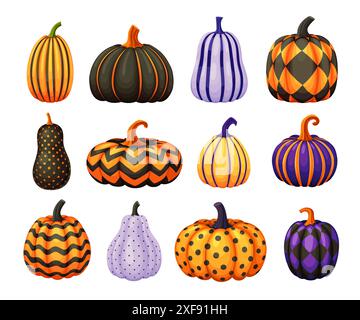 Halloween cartoon pumpkins with holiday ornaments and patterns. Isolated vector painted gourds creatively adorned with stripes, dots, zig-zag festive seasonal motifs, that captures spirit of season Stock Vector