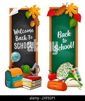 Back to school vertical banners with school supplies, including a microscope, books, backpack and autumn leaves, welcoming students to the new school year. Vector vertical educational cards, bookmarks Stock Vector