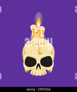 Cartoon Halloween skull with candle and melt dipping wax. Isolated vector occult or magic object. Creepy gothic antique cranium, scary lantern made of dead head. Dia de los Muertos item or decoration Stock Vector