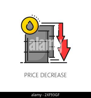 Oil price decrease graph color line icon with down arrows, barrels and drop of crude oil. Economic and energy industry crisis vector outline symbol, economy downturn, finance and business recession Stock Vector