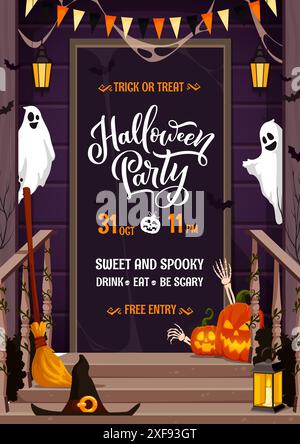 Halloween party flyer with scary ghosts and holiday door porch with decorations. Vector invitation poster with cottage doorway, pumpkins, skeleton hands, witch hat or broom and garland with lanterns Stock Vector