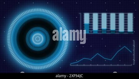 Image of interface with neon round scanner and statistical data processing on blue background Stock Photo