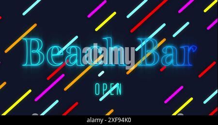 Image of beach bar open text over neon lines on black background Stock Photo
