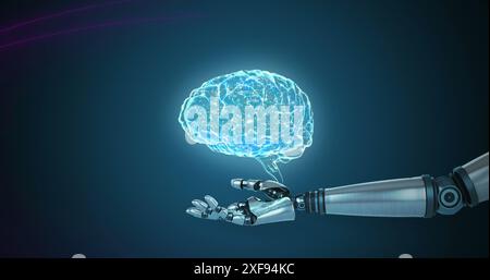 Image of human brain spinning over robotic arm against purple light trails on blue background Stock Photo