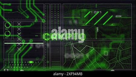 Image of crypto text banner over interface with data processing against black background Stock Photo