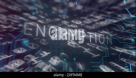 Image of encryption text banner over binary coding and microprocessor connections Stock Photo