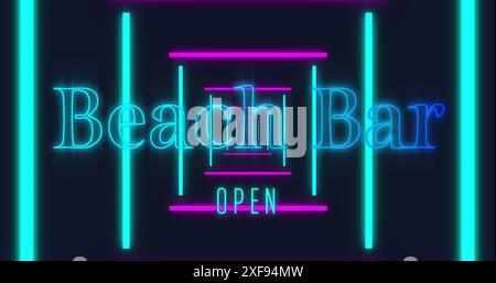 Image of beach bar open text over neon lines on black background Stock Photo