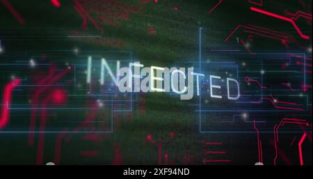 Image of infected text banner over connecting dots and microprocessor connections Stock Photo