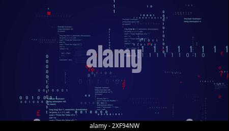 Image of binary coding data processing and symbols floating against blue background Stock Photo