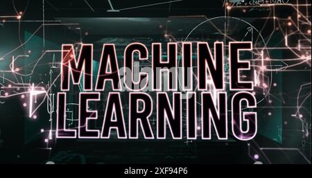 Image of machine learning text banner light trails against screens with mathematical equations Stock Photo