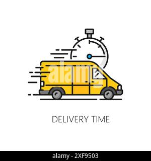 Delivery time color line icon with fast shipping truck and clock, vector logistics, cargo carriage service. Package delivery courier car, yellow van or truck with stopwatch isolated outline symbol Stock Vector