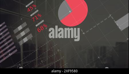 Image of multicolored infographic interface over modern cityscape against sky Stock Photo