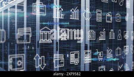 Image of multiple icons with lens flares over data server racks in server room Stock Photo