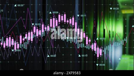 Image of multiple graphs with changing numbers over data server room Stock Photo