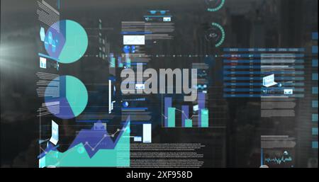 Image of multiple graphs, loading circles and trading board over modern cityscape against sky Stock Photo