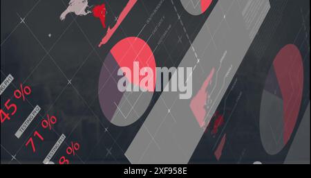 Image of multicolored infographic interface over modern cityscape against sky Stock Photo
