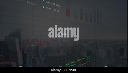 Image of graphs, trading boards, loading circles over aerial view of modern cityscape Stock Photo
