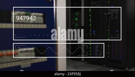 Image of changing numbers and graph over data server room Stock Photo