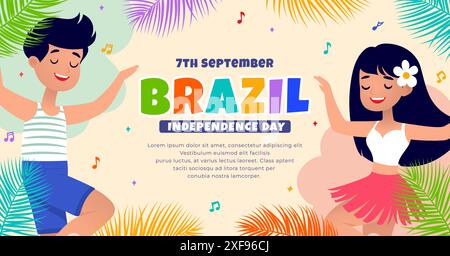 Brazil Independence Day Banner, a pair of children dancing samba with flat design vector illustration Stock Vector