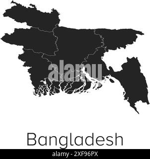 Bangladesh Map Vector Illustration - Silhouette, Outline, Bangladesh Travel and Tourism Map Stock Vector