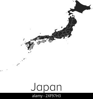 Japan Map Vector Illustration - Silhouette, Outline, Japan Travel and Tourism Map Stock Vector