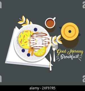 morning breakfast banner colorful classical flat sketch Stock Vector