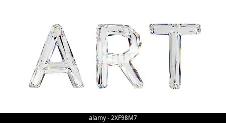 Art word arranged by letters made of natural transparent diamond-like material. 3d illustration of glass alphabet isolated on white background Stock Photo