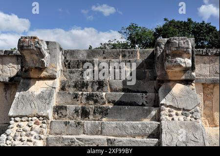 Chichen Itza, UNESCO World Heritage Site, Mexico, Merida, Yucatan, Central America, Stone staircase in Chichen Itza with sculptures of snake heads Stock Photo