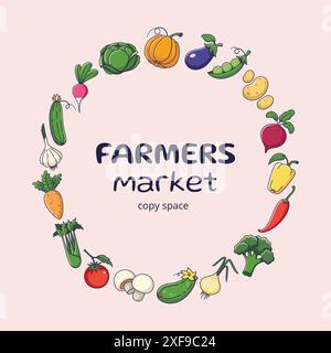 Farmers market template, flyer. Organic vegetables round frame. Autumn harvest round frame with vegetables. Vector illustration. Circle border, copy space Stock Vector