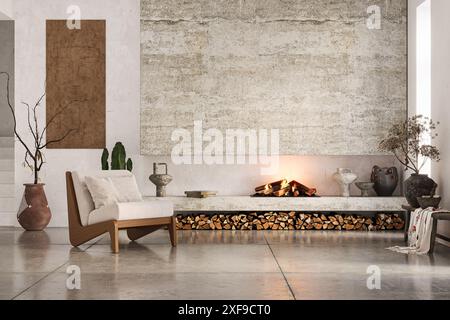 Fireplace Styles インテリア　洋書 Wabi sabi style interior with rustic fireplace and white