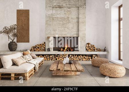 Fireplace Styles インテリア　洋書 Wabi sabi style interior with rustic fireplace and white