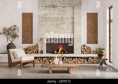 Wabi sabi style interior with rustic fireplace and white