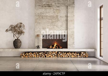 Wabi sabi style interior with rustic fireplace and white