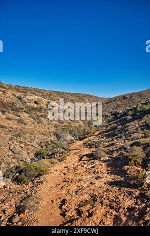 Walking track through the arid outback landscape of the Mandu Mandu Gorge in Cape Range National Park, Western Australia. Stock Photo