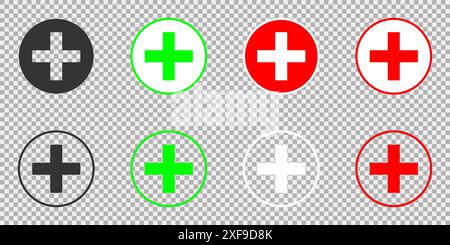 Plus symbol icon set. Round colorful signs on a transparent background. Flat vector illustration. Stock Vector