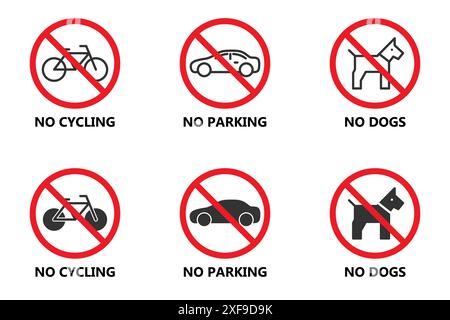 Forbidden signs icon set. No cycling, parking, dogs. Flat vector illustration. Stock Vector