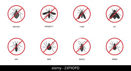 Stop insect icon set. Pest Control icons set. Pests silhouettes. Bed bug, mosquito, wasp, fly, ant, mite, roach, and spider symbols. Flat vector illus Stock Vector