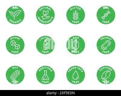 Allergen free icons set. Common allergens. Dietary allergens icons. Grunge texture green color. Flat vector illustration. Stock Vector