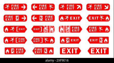 Fire exit sign. Emergency escape icon set. Flat vector illustration. Stock Vector