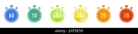 Set of colorful timers. 10, 20, 30, 40, 50, and 60 minutes. Countdown timer icon set. Stopwatch. Clock. Flat vector illustration. Stock Vector