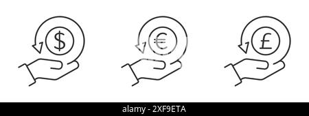 Cashback icons. Return money. Hand hold coin. Dollar, euro, pound sterling symbols. Business icon. Flat vector illustration. Stock Vector