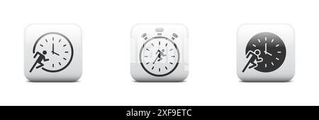 Running man with clock icon. Fast pace runner icon. Running businessman and clock circle. Time management concept, worker late on job. Flat vector ill Stock Vector