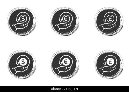 Cashback icons. Return money. Hand hold coin. Dollar, euro, pound sterling symbols. Business icon. Flat vector illustration Stock Vector